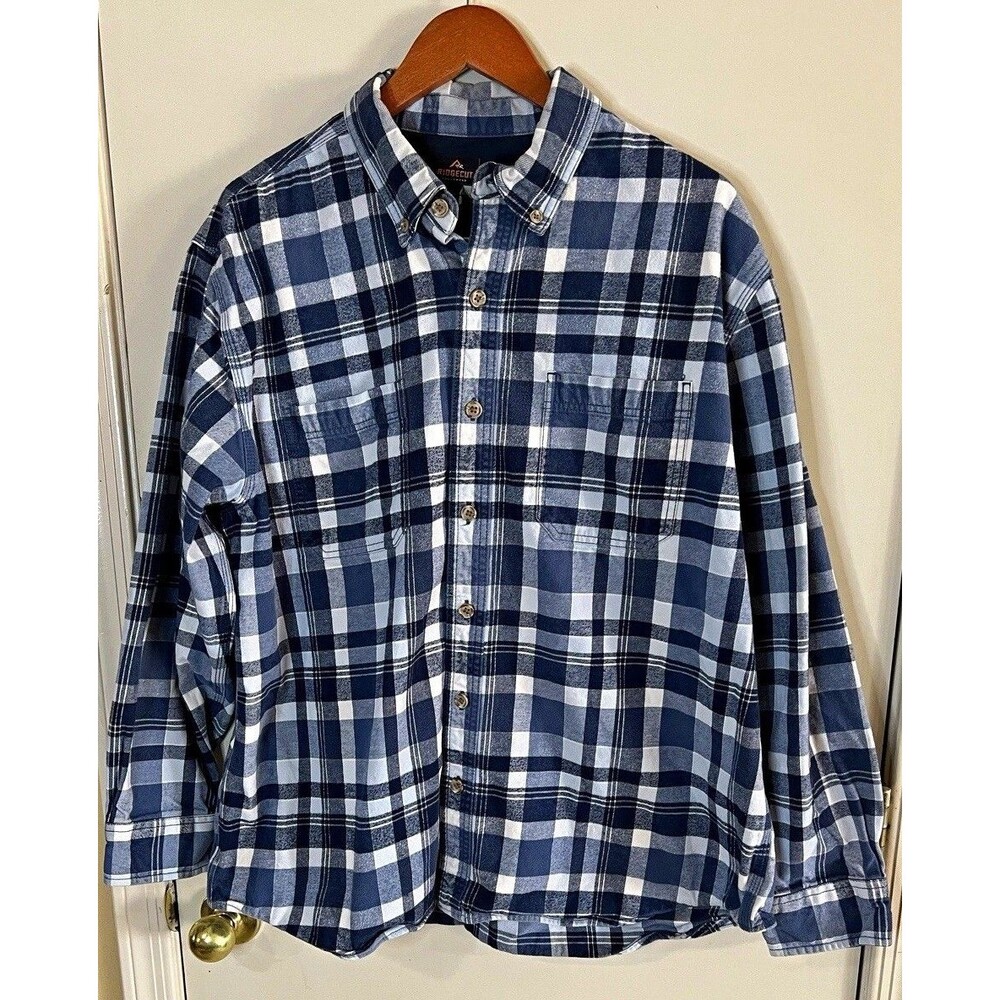 Ridgecut Mens Flannel Shirt Button Down Plaid Blue/White Pockets Size XL